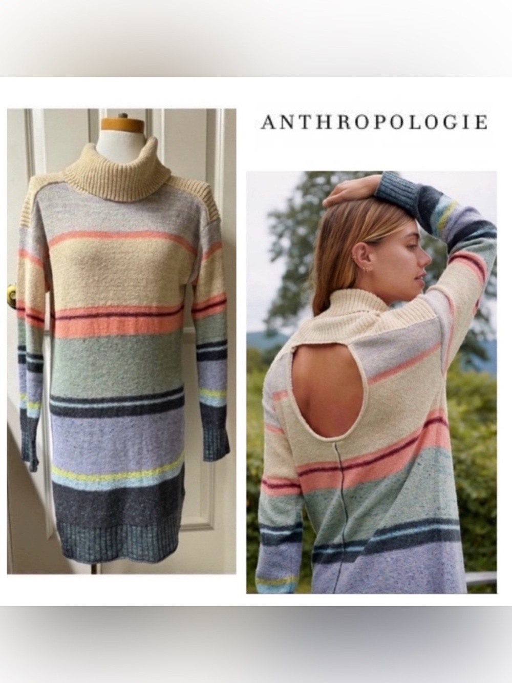 Anthropologie KEEP IT COOL Open Back Knit Cowl Turtleneck Sweater Dress